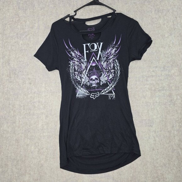 Fox Racing Graphic Skull Wings Womens Black & Purple T-Shirt XS Cotton Blend - Picture 1 of 9